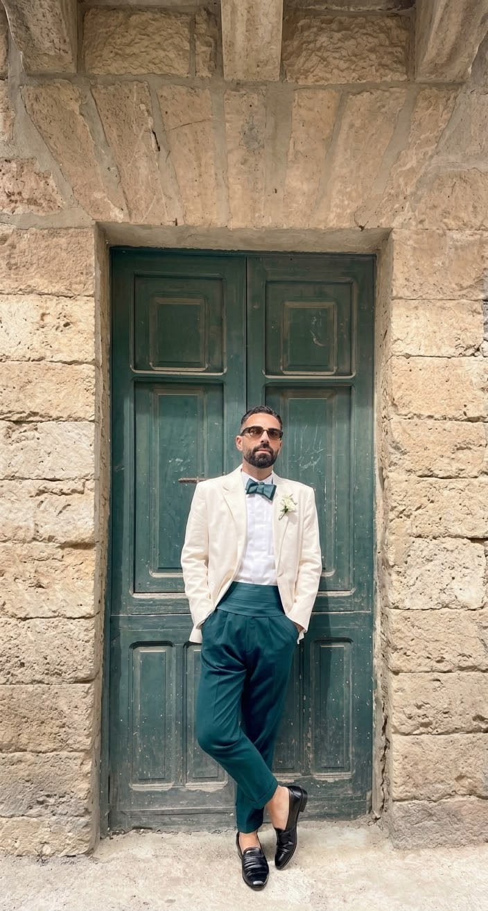 Sposo con giacca panna, papillon e pantalone verde